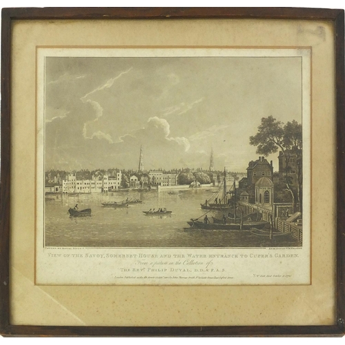 419 - W M Fellows - Framed black and white engraving, view of The Savoy Somerset house and the water entra... 