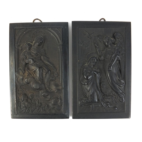 363 - Two vulcanite style panels of religious scenes, each 12cm x 7.5cm