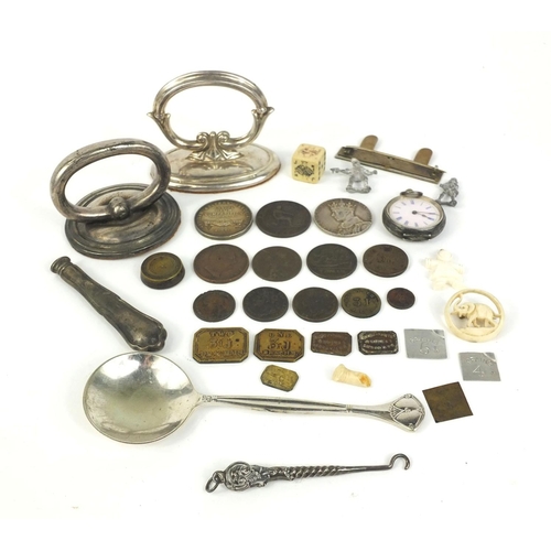 373 - Bag of objects including Avery weights, ladies silver pocket watch, silver golf medal, antique coins... 