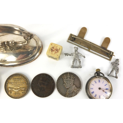 373 - Bag of objects including Avery weights, ladies silver pocket watch, silver golf medal, antique coins... 