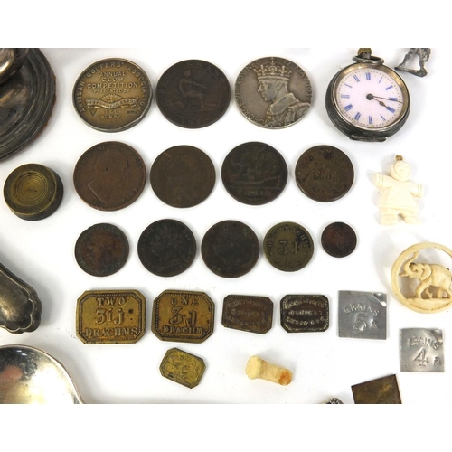 373 - Bag of objects including Avery weights, ladies silver pocket watch, silver golf medal, antique coins... 