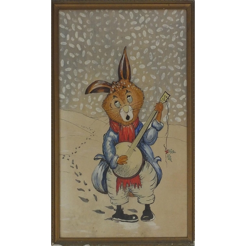 21 - Impressionistic watercolour of a comical musician rabbit, 60cm x 37cm excluding the frame
