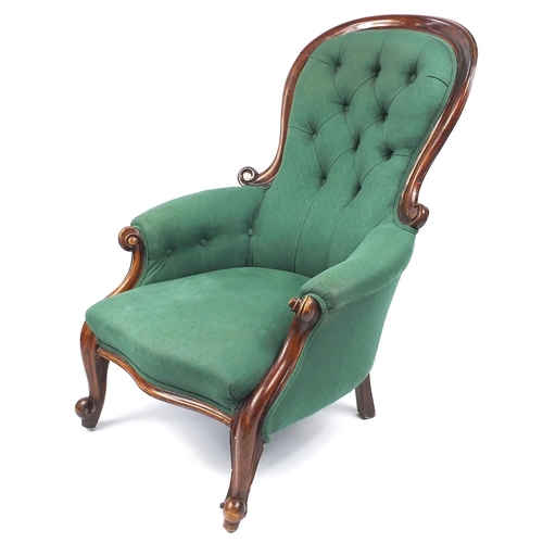 3 - Victorian walnut framed armchair with green button back upholstery, 100cm high
