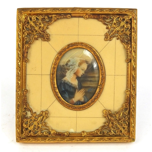 355 - Hand painted portrait miniature of a Madonna, housed in a ivorine and gilt frame, 9.5cm x 8.5cm over... 