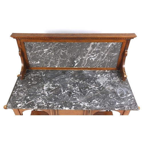 1 - Satin walnut wash stand with marble top and back, 114cm high x 120cm wide x 51cm deep
