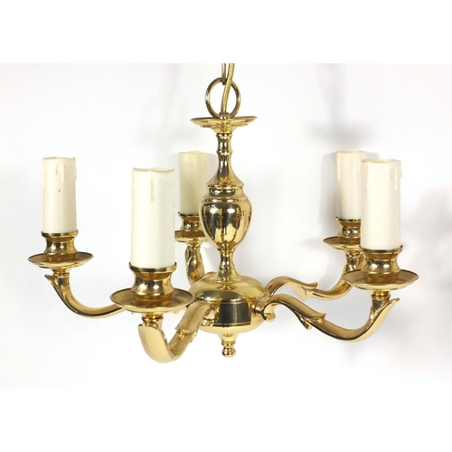 111 - Pair of brass five branch candelabra chandeliers and one three branch example