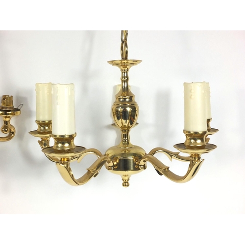 111 - Pair of brass five branch candelabra chandeliers and one three branch example