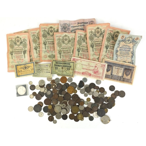 394 - Bag of assorted World coins and banknotes including antique pennies, half pennies and silver example... 