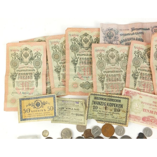 394 - Bag of assorted World coins and banknotes including antique pennies, half pennies and silver example... 