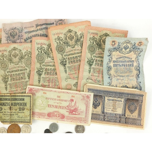 394 - Bag of assorted World coins and banknotes including antique pennies, half pennies and silver example... 