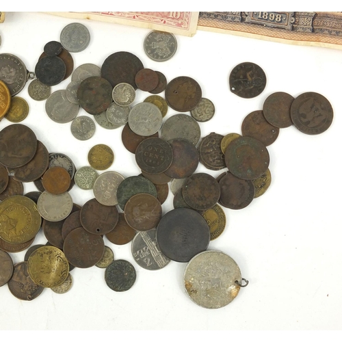 394 - Bag of assorted World coins and banknotes including antique pennies, half pennies and silver example... 