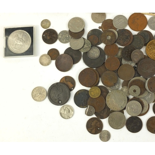 394 - Bag of assorted World coins and banknotes including antique pennies, half pennies and silver example... 