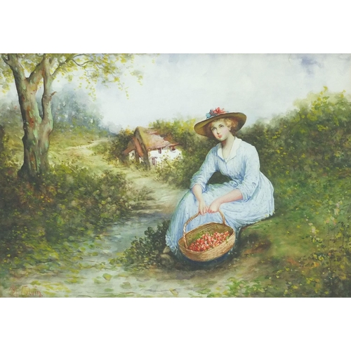 20 - Victorian watercolour, female seated with a basket of strawberries before a cottage, signed L. Colvi... 