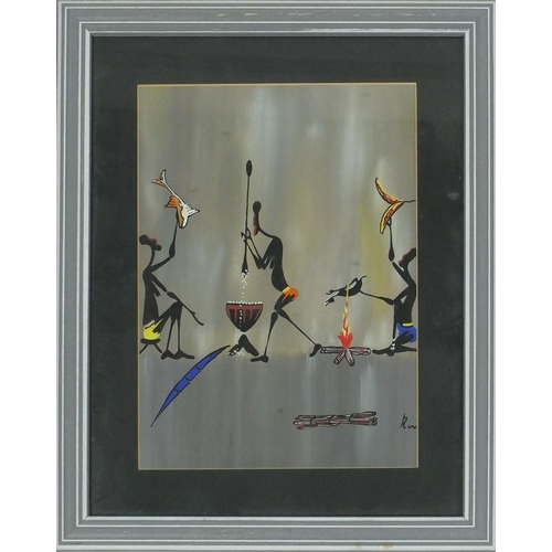 60 - Set of three abstract gouache views, African hunters, each bearing a signature René, each mounted an... 