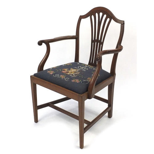 22 - Georgian mahogany elbow chair with musical instrument needlepoint upholstered seat, 94cm high