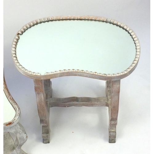 65 - Bleached wooden occasional table with mirrored top, kidney shaped occasional table with mirrored top... 