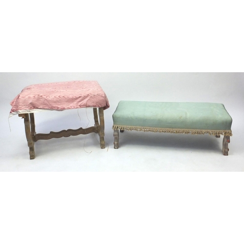 53 - Bleached wooden framed double footstool with green upholstery and a dressing stool (for upholstery)