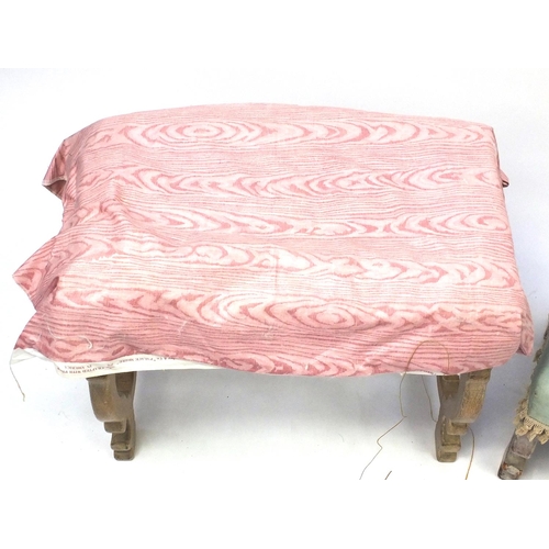 53 - Bleached wooden framed double footstool with green upholstery and a dressing stool (for upholstery)
