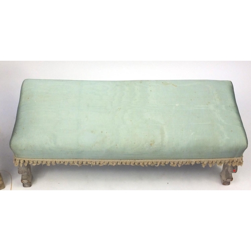 53 - Bleached wooden framed double footstool with green upholstery and a dressing stool (for upholstery)