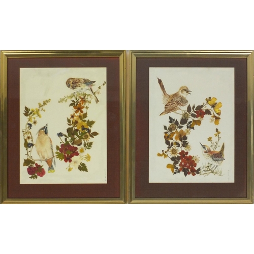 389 - Two watercolour and pressed flower pictures of birds on branches, each pencil signed M.J. Glasper, e... 