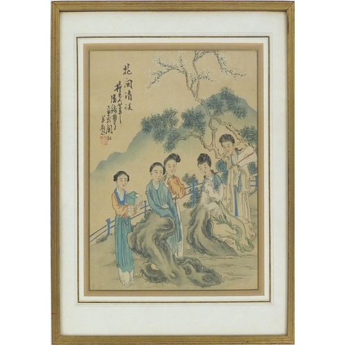 414 - Oriental watercolour onto silk of five ladies, 28cm x 21cm excluding the mount and frame