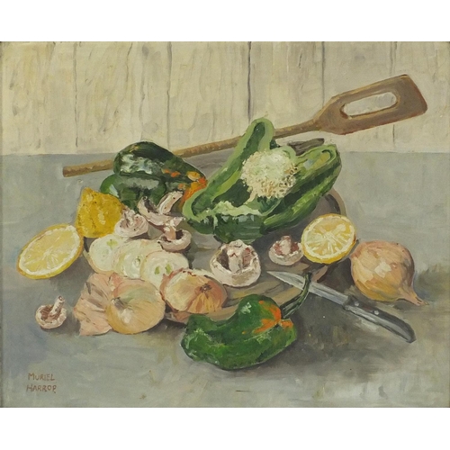 387 - Oil onto board of still life food, bearing a signature Muriel Harrop, 40cm x 34cm excluding the fram... 