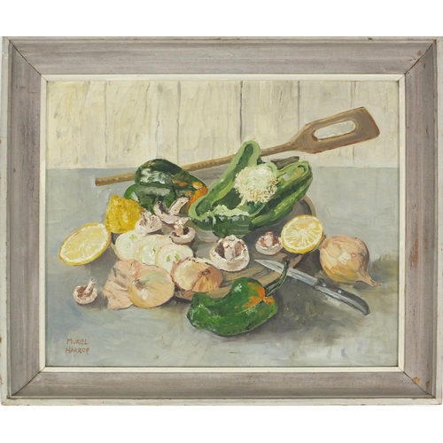 387 - Oil onto board of still life food, bearing a signature Muriel Harrop, 40cm x 34cm excluding the fram... 