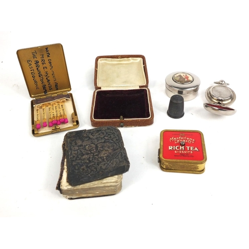 370 - Bag of objects including a sovereign case, Victorian leather jewellery box, Macfarlane advertising t... 