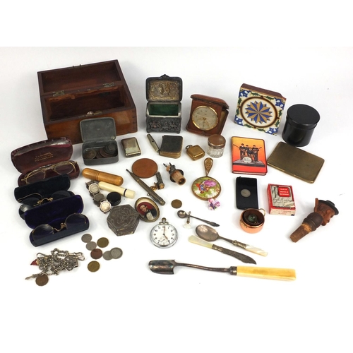 384 - Box of objects including a Minton tile, costume jewellery, Military interest pocket watch, vintage s... 