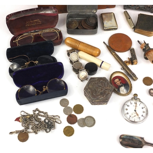 384 - Box of objects including a Minton tile, costume jewellery, Military interest pocket watch, vintage s... 