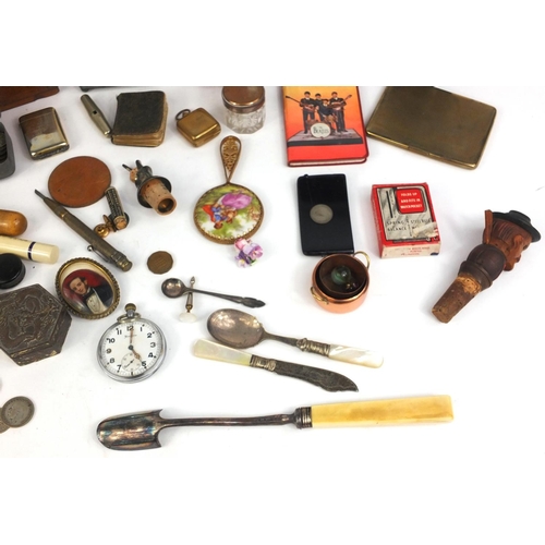 384 - Box of objects including a Minton tile, costume jewellery, Military interest pocket watch, vintage s... 