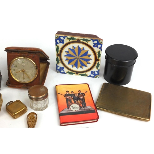 384 - Box of objects including a Minton tile, costume jewellery, Military interest pocket watch, vintage s... 