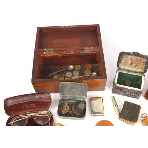 384 - Box of objects including a Minton tile, costume jewellery, Military interest pocket watch, vintage s... 