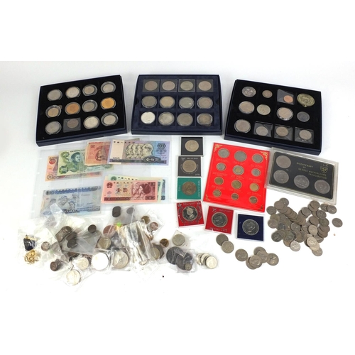 402 - Large selection of world coins and bank notes including commemorative crowns, proof sets, pennies, t... 