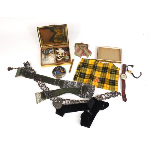 377 - Bag of objects including a silver plated leather belt, enamelled Butlins badges, compact, costume je... 