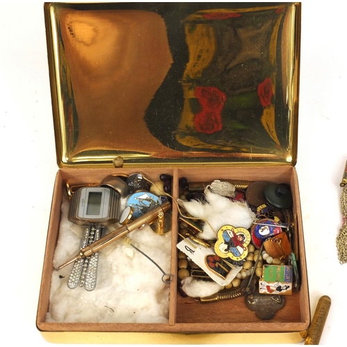 377 - Bag of objects including a silver plated leather belt, enamelled Butlins badges, compact, costume je... 