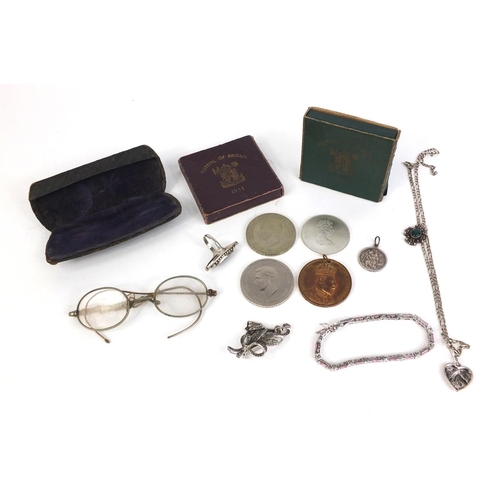 375 - Two Festival of Britain 1951 crowns, cased pair of spectacles and a small quantity of assorted costu... 