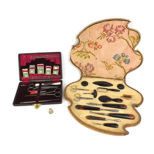 385 - Victorian tooled leather case of faux tortoiseshell vanity items and a cased set of sewing items