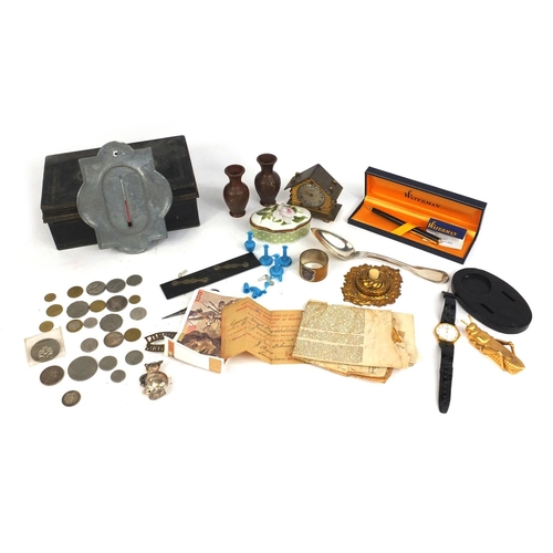 367 - Box of objects including a Watermans propelling pencil, miniature oriental bronze vases, coins, silv... 