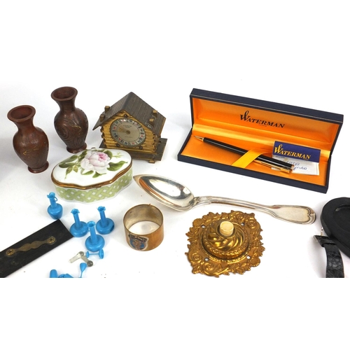 367 - Box of objects including a Watermans propelling pencil, miniature oriental bronze vases, coins, silv... 