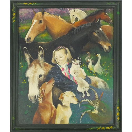 89 - Carol Pain oil on board of a lady amongst animals to include, horse, donkeys, dogs and a duck, signe... 