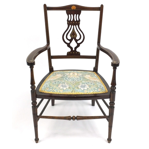 31 - Edwardian inlaid mahogany open armchair with floral upholstered seat, 83cm high