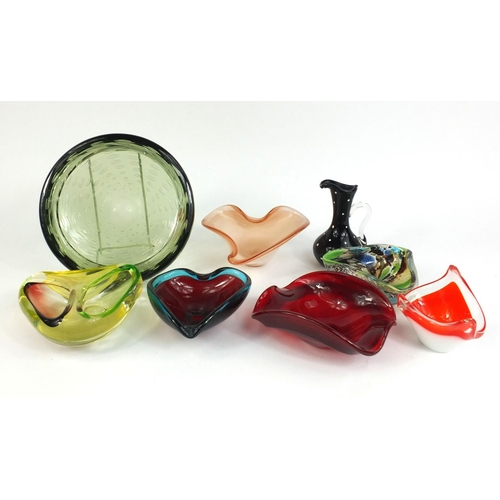 420 - Small selection of colourful glass bowls and a jug