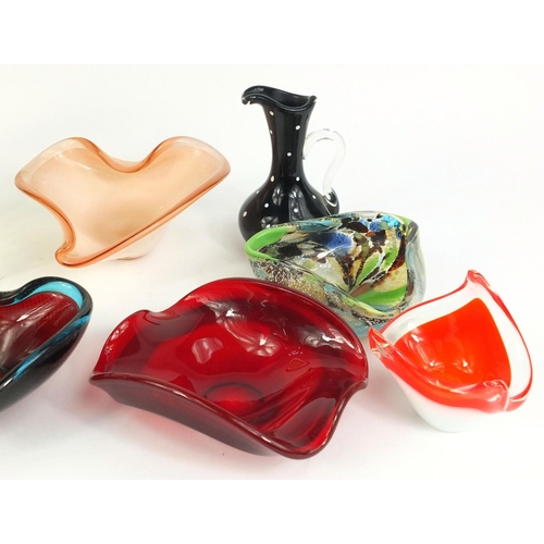 420 - Small selection of colourful glass bowls and a jug