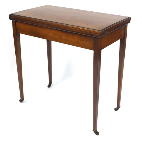 2 - Edwardian inlaid mahogany card table with beize top on tapering legs, 76cm high