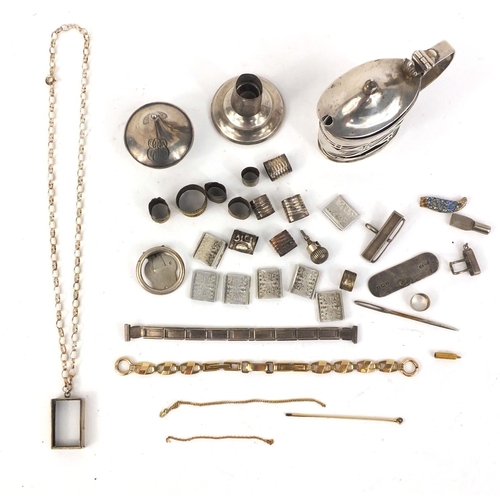 371 - Bag of objects including a silver mustard, silver necklace, costume jewellery etc