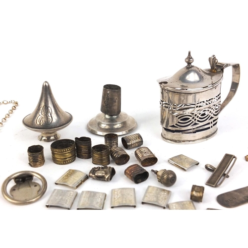 371 - Bag of objects including a silver mustard, silver necklace, costume jewellery etc