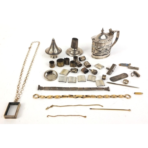 371 - Bag of objects including a silver mustard, silver necklace, costume jewellery etc