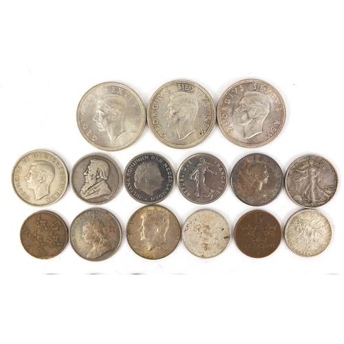 392 - Assorted World coins including silver examples, South African five cent pieces etc