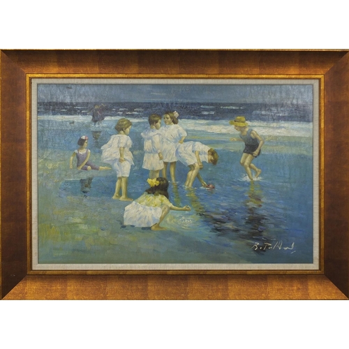 19 - French impressionist oil onto board, children on the beach, bearing an indistinct signature, mounted... 
